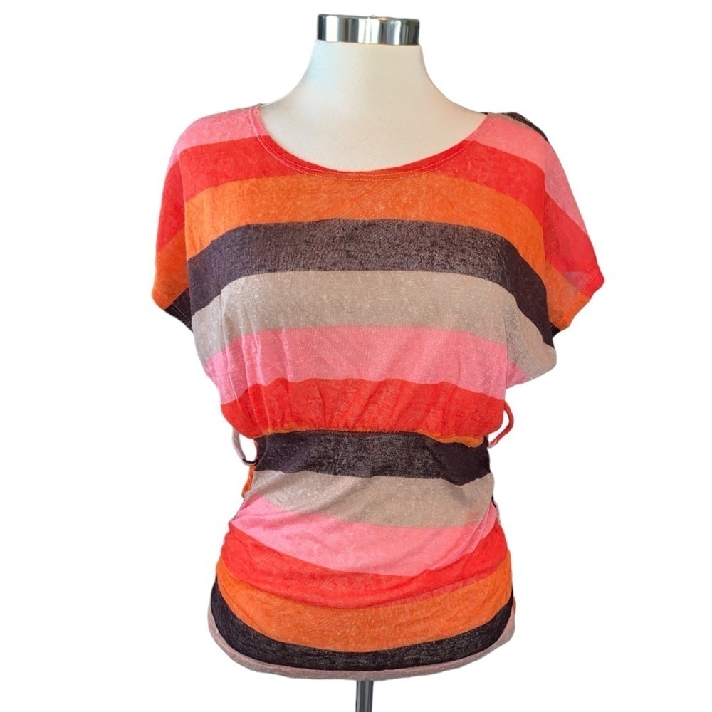 Love J blouse short sleeve ruched sides sheer soft round neckline Sz large NWT